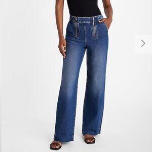 Express jeans high waisted double zipper jeans, NWT, size 6L, raw hem dark wash